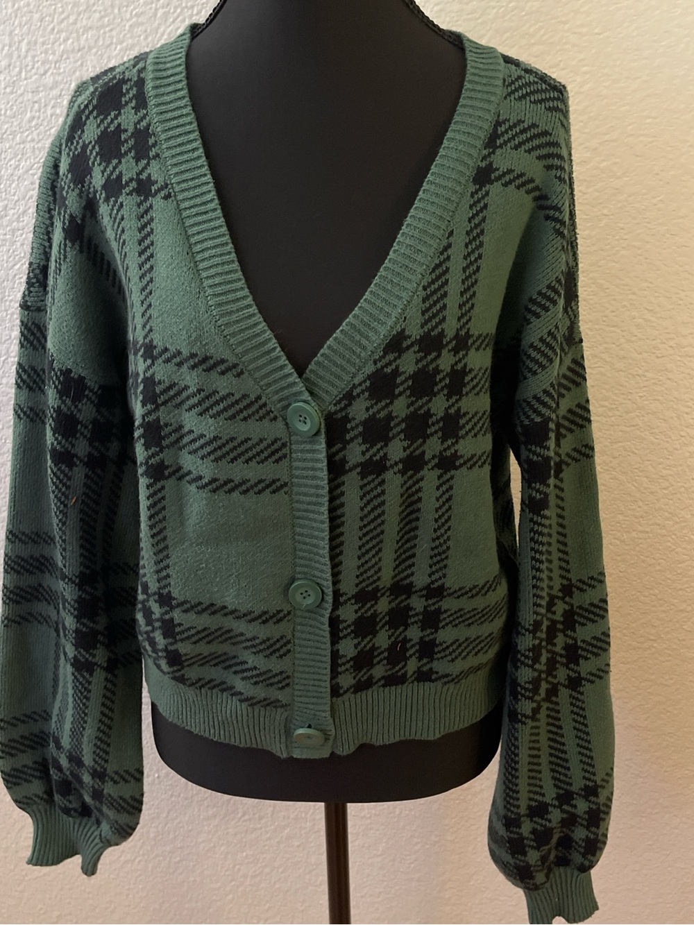 Green Plaid V-Neck Cardigan Sweater